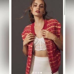 Maeve Anthroologie Tweed Sweater Cardigan Vest Zip Pockets Orange Pink Medium